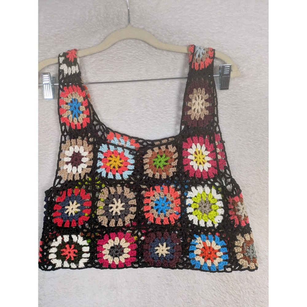 Crochet Tank Top Women's One Size Multicolor Boho Granny Square Crop